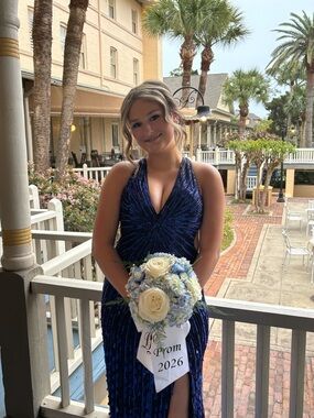 Elegant Navy Blue Sequin Prom Dress - V-Neck Halter Gown